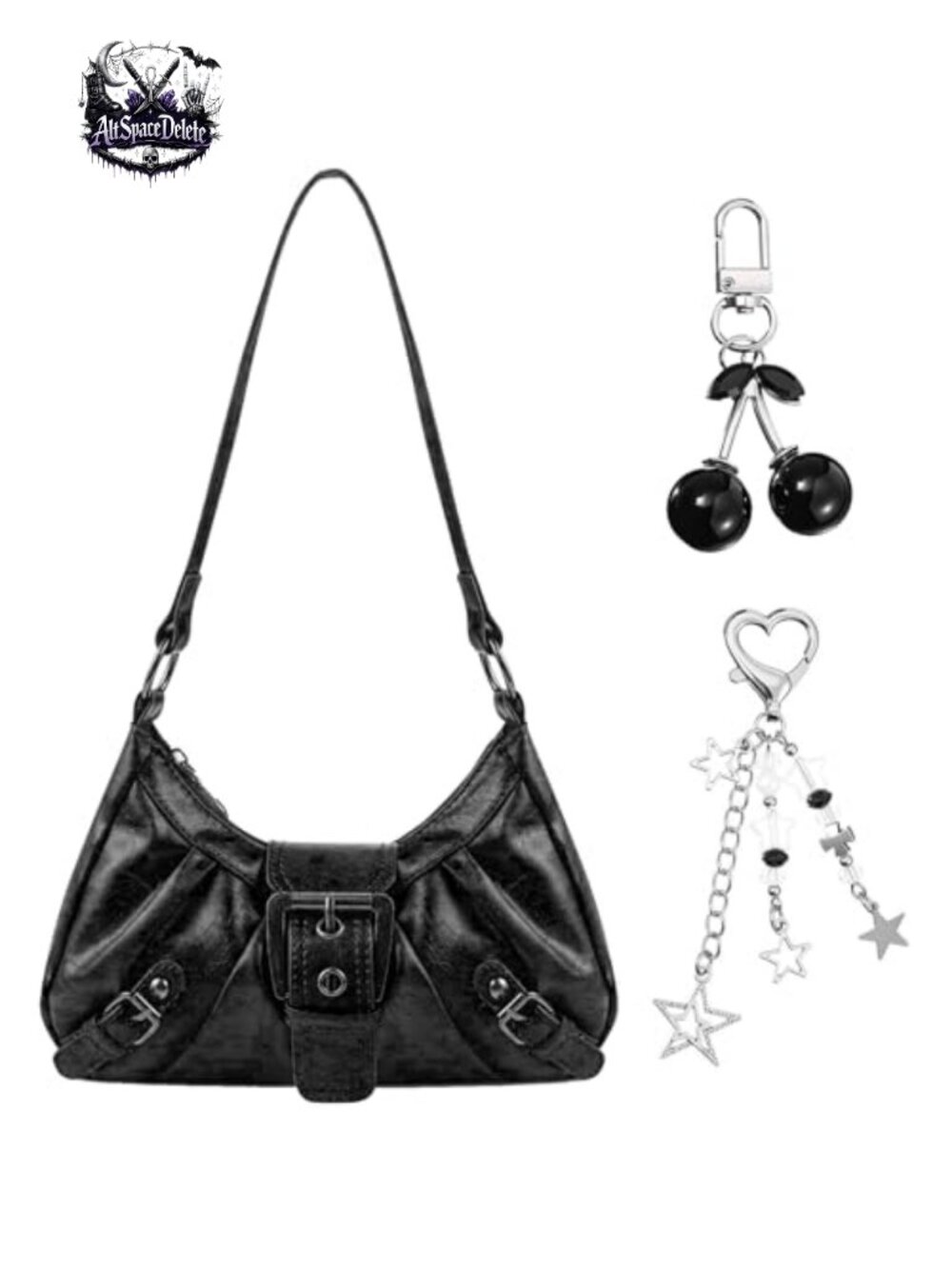 Y2K Leather Satchel Purse with Cherry Star Keychain